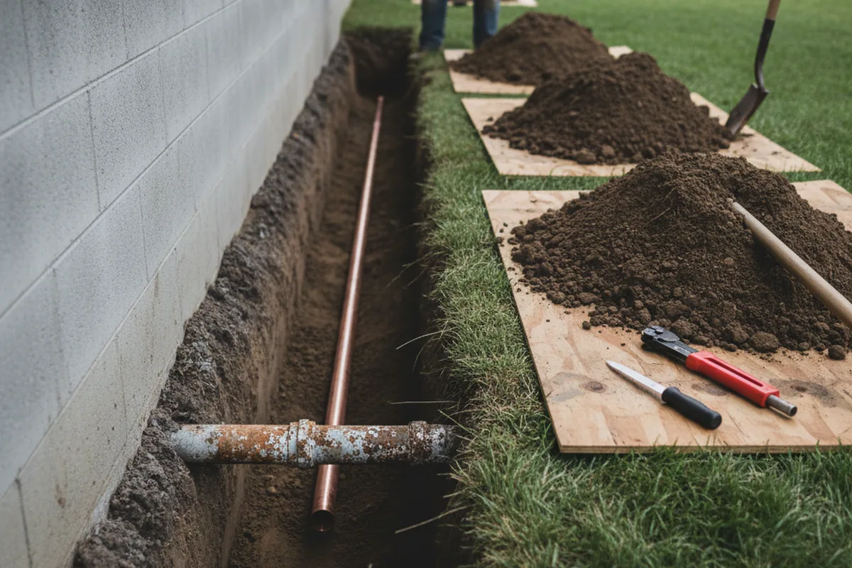 Excavated water line trench during Water Heater Repair in Christiana